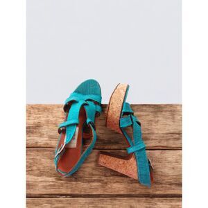 Lanvin Teal Platform Cork Sandals Heels Size 6